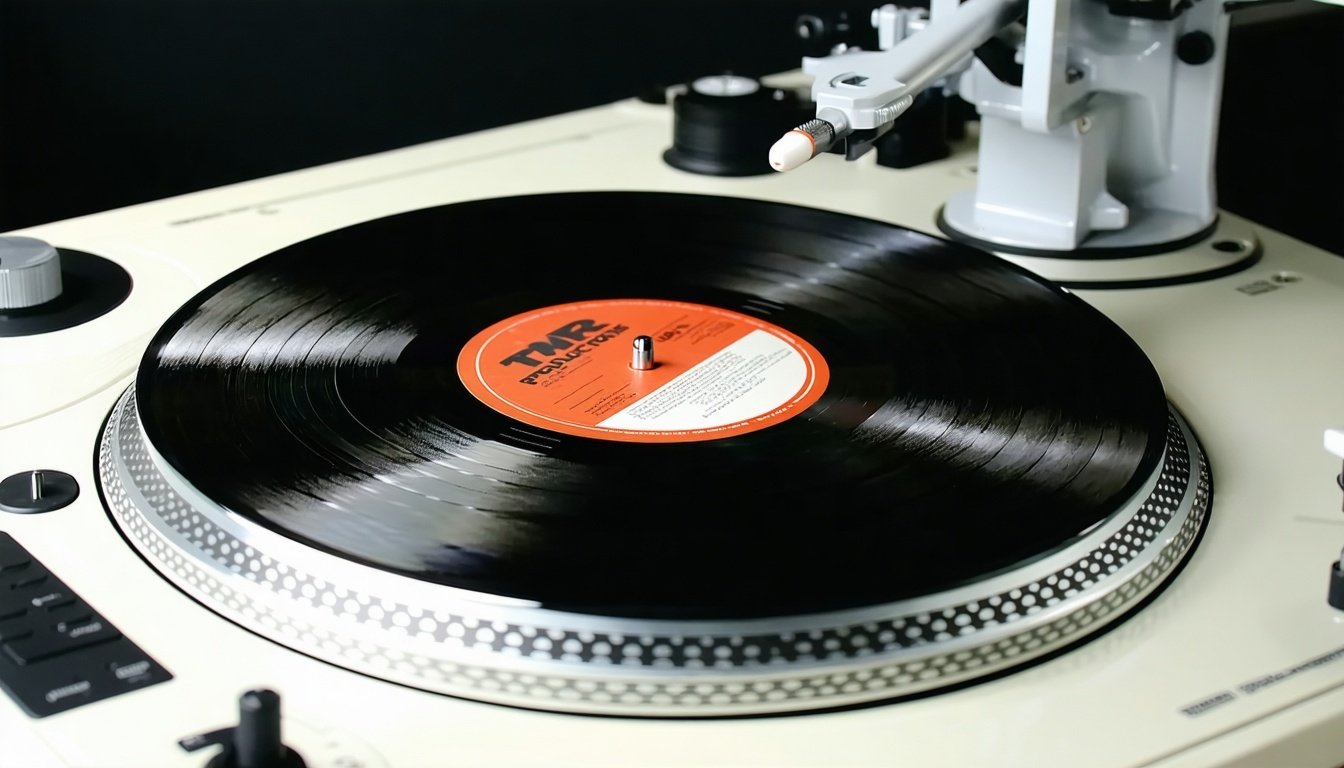A vinyl record spinning on a turntable, showcasing TMR Productions Studio's craftsmanship.