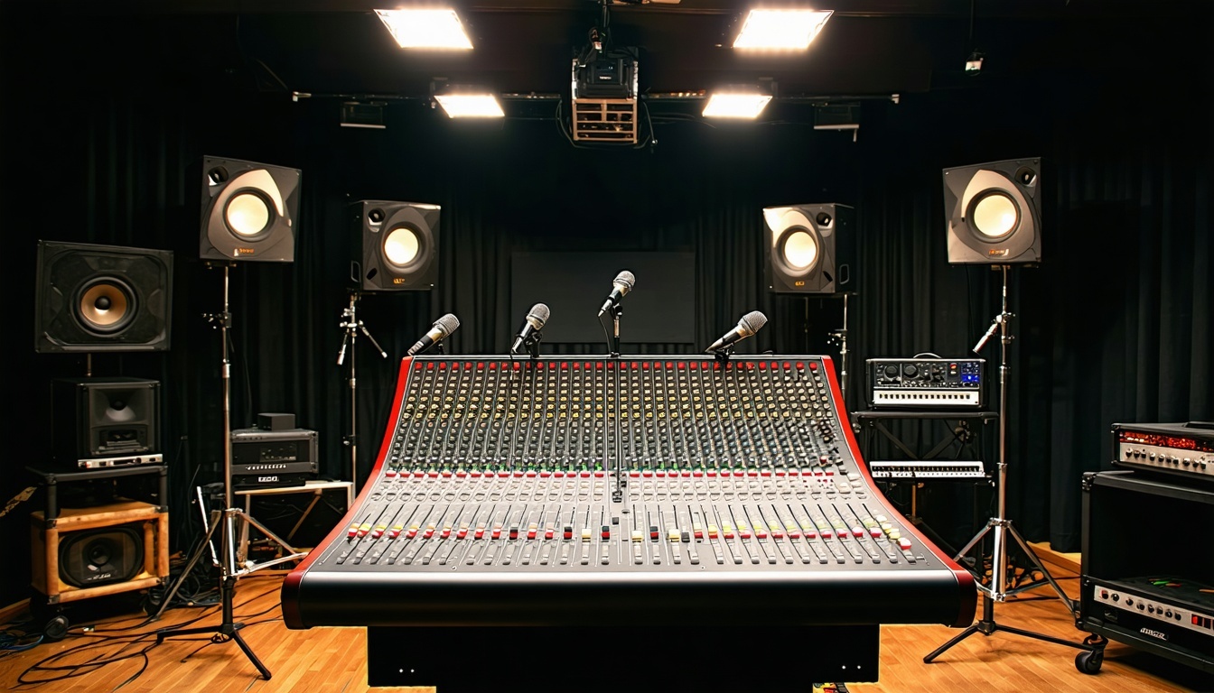 Professional recording studio with microphones and mixing equipment at TMR Productions Studio.