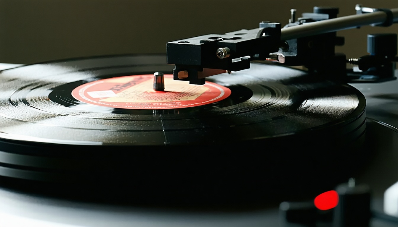 A vinyl record spinning on a turntable