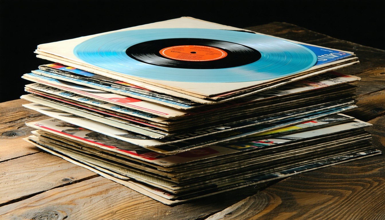 Stack of custom vinyl records with unique cover art